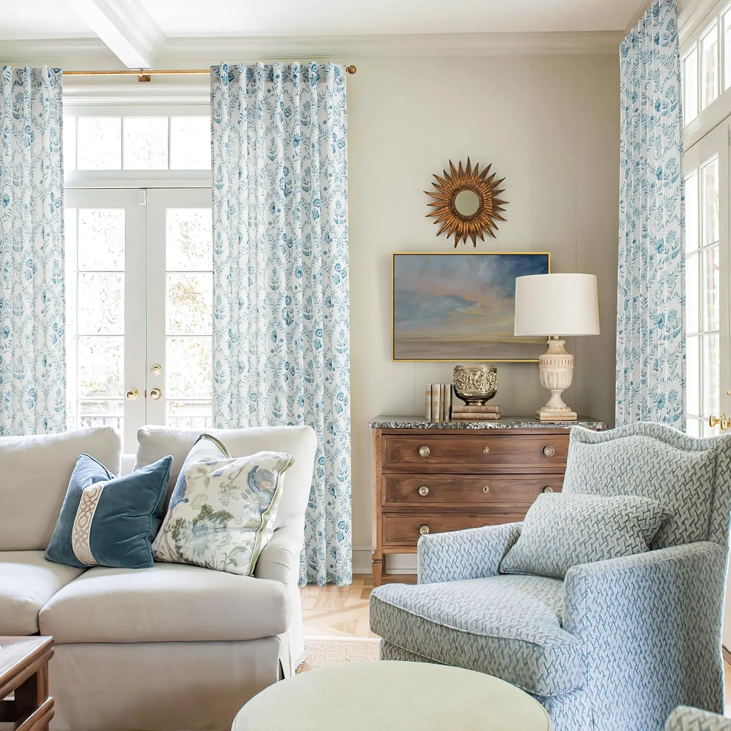 Blue Floral Linen Curtains for Living Dining Room 84 Inch Length 2 Panels Blue Botanical Bloom Pattern Printed Curtains Back Tab Semi Sheer Farmhouse Decor French Country Drape for Bedroom 52x84