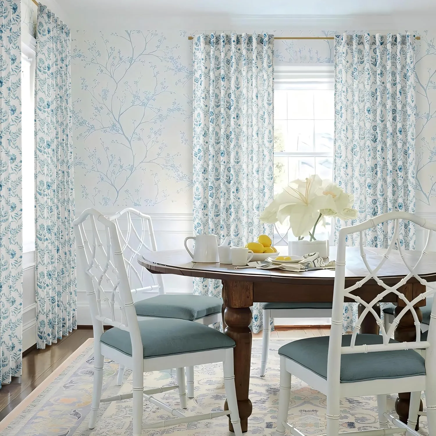 Blue Floral Linen Curtains for Living Dining Room 84 Inch Length 2 Panels Blue Botanical Bloom Pattern Printed Curtains Back Tab Semi Sheer Farmhouse Decor French Country Drape for Bedroom 52x84