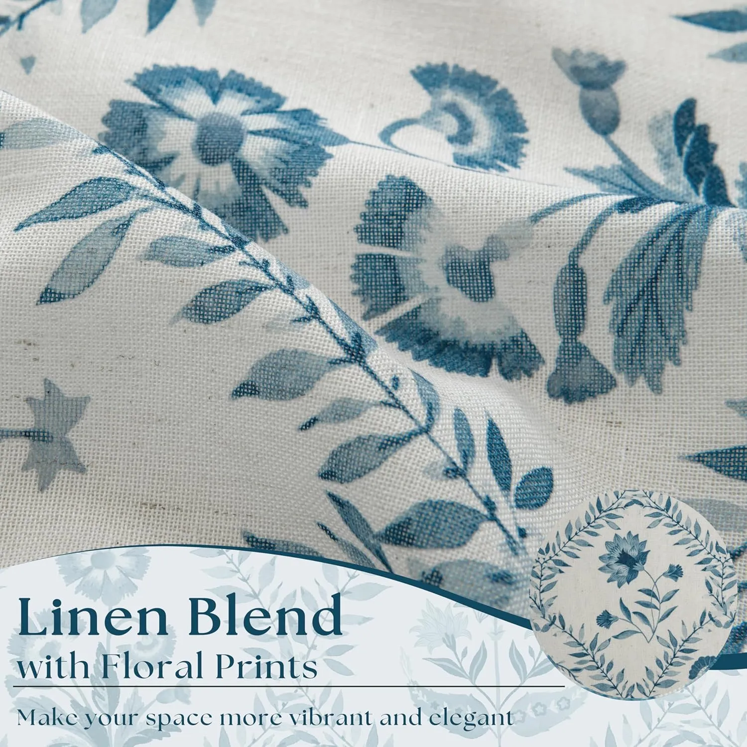 Blue Floral Linen Curtains for Living Dining Room 84 Inch Length 2 Panels Blue Botanical Bloom Pattern Printed Curtains Back Tab Semi Sheer Farmhouse Decor French Country Drape for Bedroom 52x84