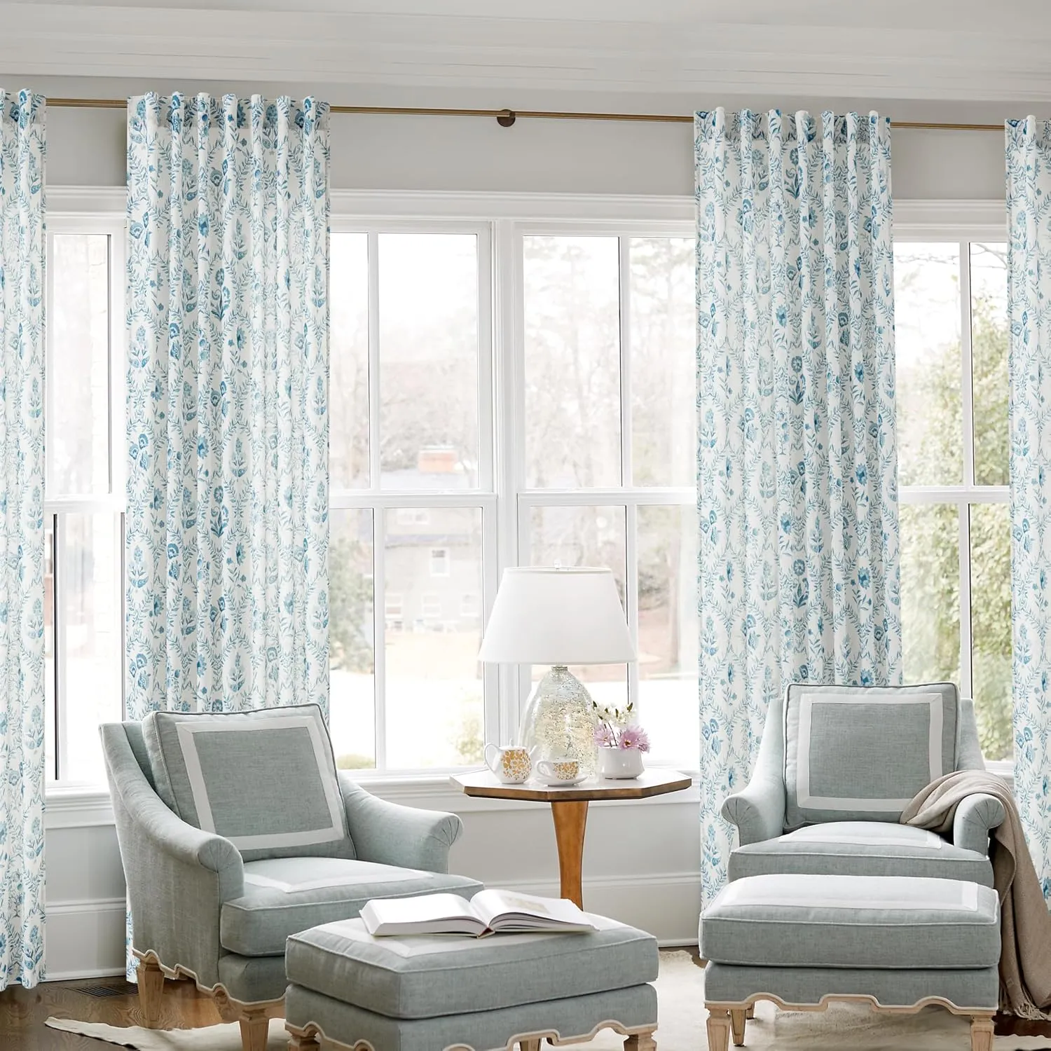 Blue Floral Linen Curtains for Living Dining Room 84 Inch Length 2 Panels Blue Botanical Bloom Pattern Printed Curtains Back Tab Semi Sheer Farmhouse Decor French Country Drape for Bedroom 52x84