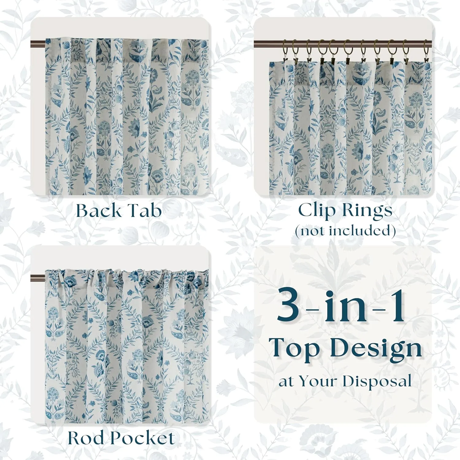 Blue Floral Linen Curtains for Living Dining Room 84 Inch Length 2 Panels Blue Botanical Bloom Pattern Printed Curtains Back Tab Semi Sheer Farmhouse Decor French Country Drape for Bedroom 52x84
