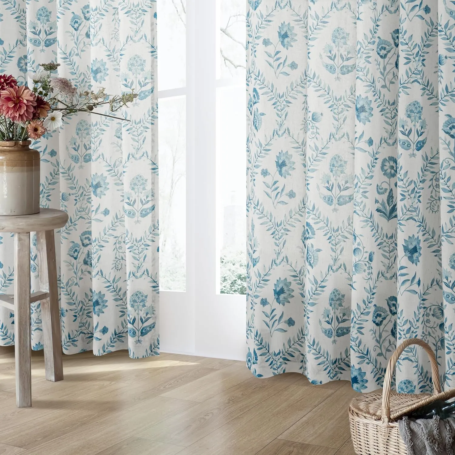 Blue Floral Linen Curtains for Living Dining Room 84 Inch Length 2 Panels Blue Botanical Bloom Pattern Printed Curtains Back Tab Semi Sheer Farmhouse Decor French Country Drape for Bedroom 52x84