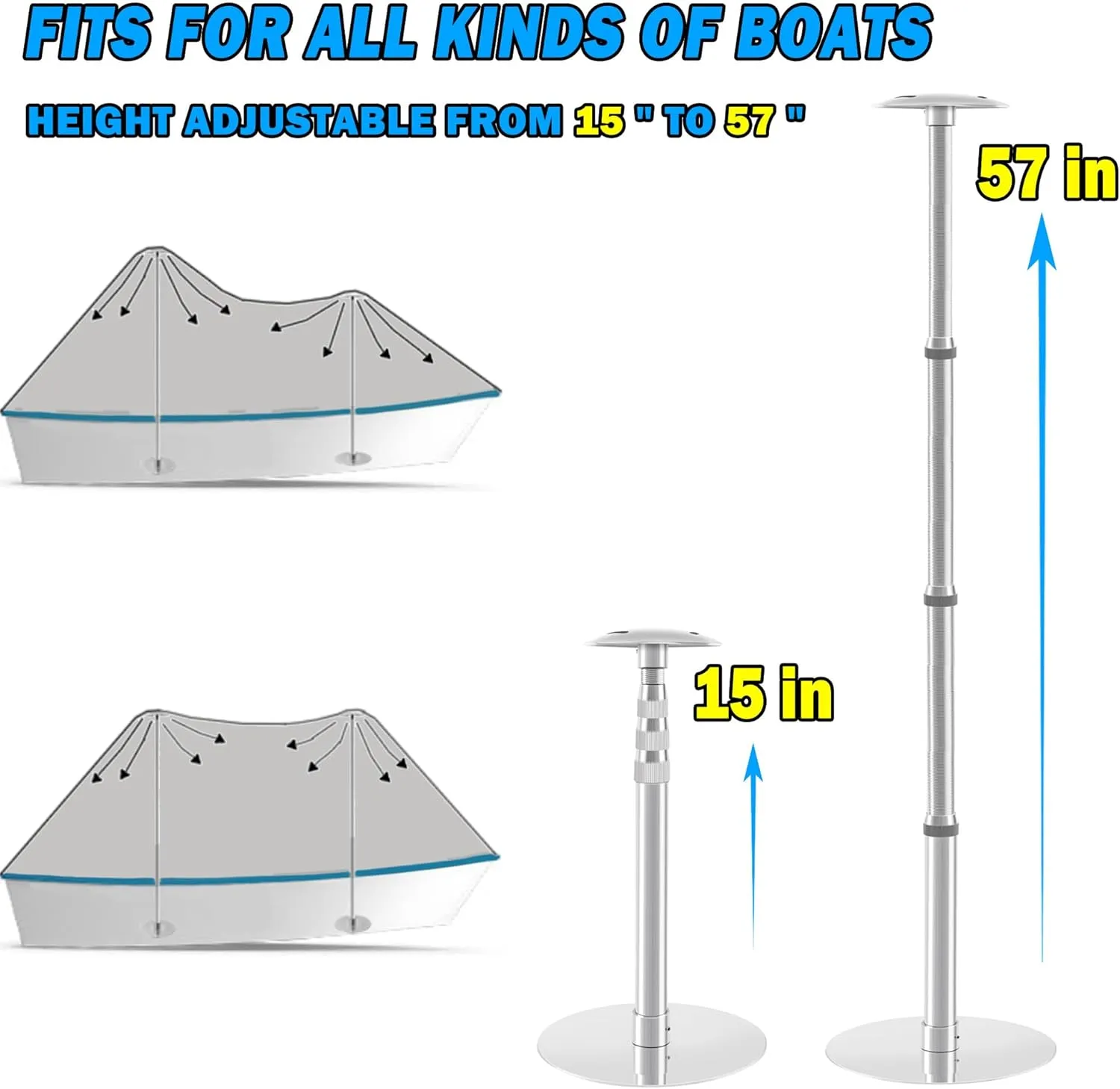 Boat Cover Support Poles 2 PK, Height Adjustable 316 Stainless Steel Boat Cover Support Poles, Support Systems with Stainless Steel Mushroom Cap and Base (2 Pack)