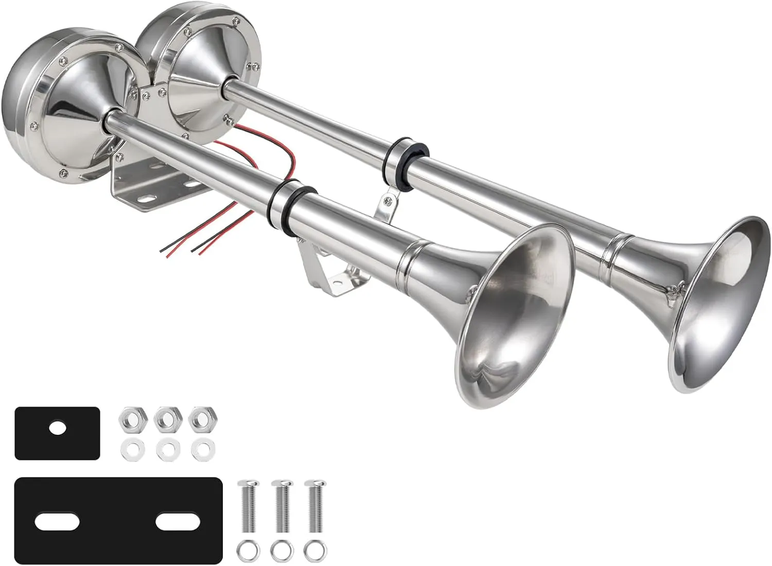 Boat Horns 12V, Marine Boat Trumpet Horn Polished Stainless Steel Marine Horn, BANHAO Low and High Tone with Adjustable Support Dual Trumpet Complete