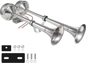 Boat Horns 12V, Marine Boat Trumpet Horn Polished Stainless Steel Marine Horn, BANHAO Low and High Tone with Adjustable Support Dual Trumpet Complete