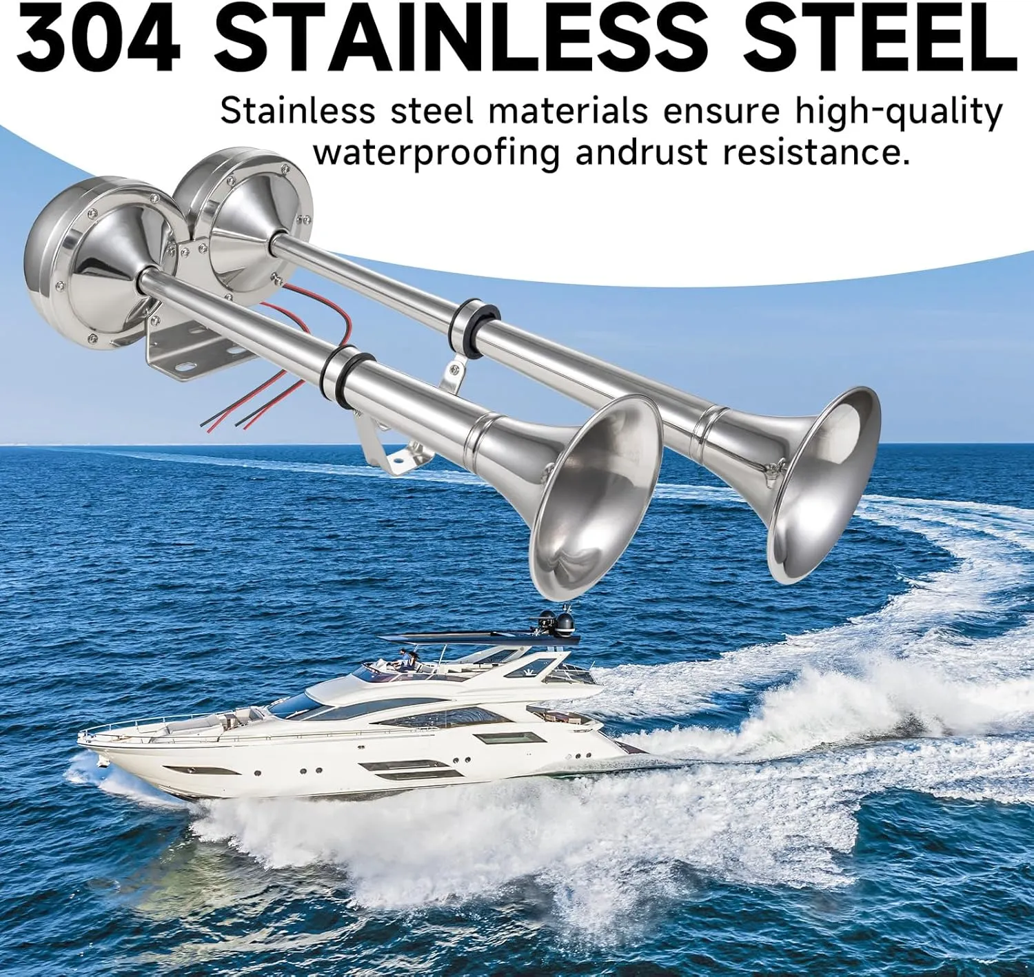 Boat Horns 12V, Marine Boat Trumpet Horn Polished Stainless Steel Marine Horn, BANHAO Low and High Tone with Adjustable Support Dual Trumpet Complete