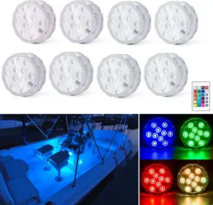 Boat Lights Wireless, Battery Powered Operated Marine Led Interior Light for Boat Deck Courtesy Light, for Fishing Pontoon Sailboat Kayak, Remote Control Multi Color Changing, RGB, 8PCS
