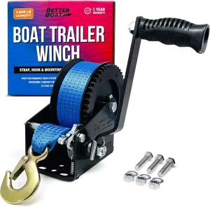 Boat Trailer Winch with Strap and Hook, Manual Hand Crank Winch, Heavy Duty One-Speed Ratchet Gear, for Pulling Boat Parts, Trailers, Car, or Truck Towing