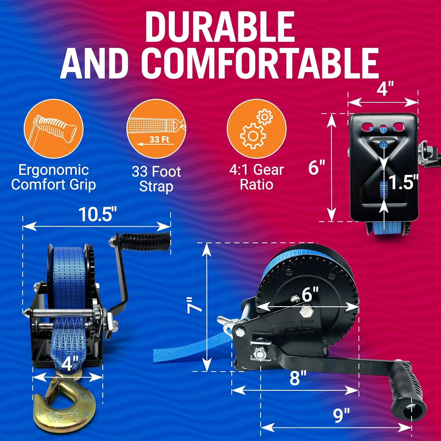 Boat Trailer Winch with Strap and Hook, Manual Hand Crank Winch, Heavy Duty One-Speed Ratchet Gear, for Pulling Boat Parts, Trailers, Car, or Truck Towing