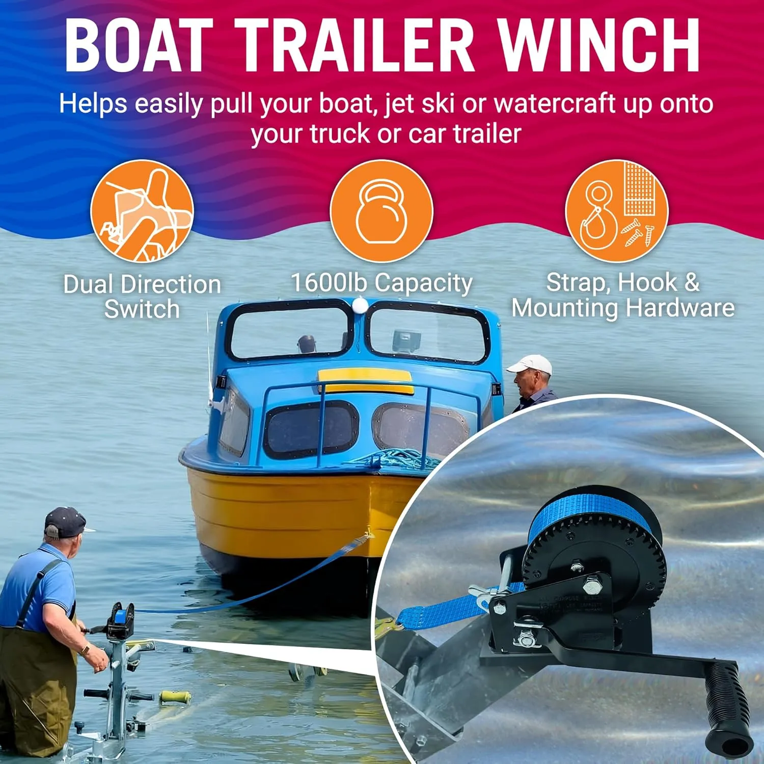 Boat Trailer Winch with Strap and Hook, Manual Hand Crank Winch, Heavy Duty One-Speed Ratchet Gear, for Pulling Boat Parts, Trailers, Car, or Truck Towing