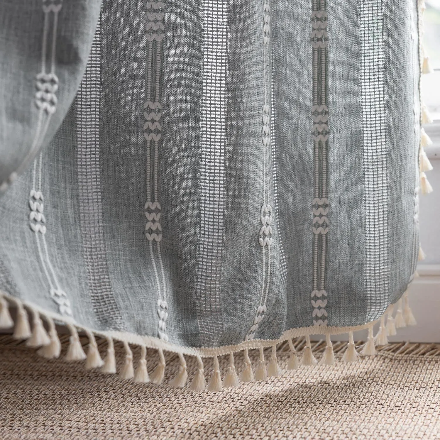 Boho Embroidery Striped Farmhouse Curtains - 84 Inch Long, 2 Panel Set, Blue Linen, Tassel, Semi-Blackout for Bedroom & Living Room (52" W x 84" L)
