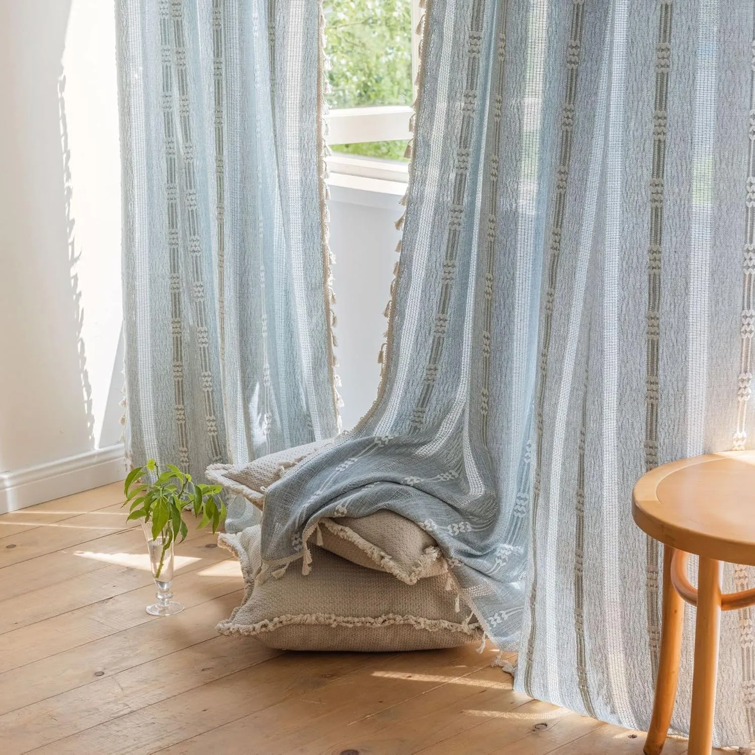 Boho Embroidery Striped Farmhouse Curtains - 84 Inch Long, 2 Panel Set, Blue Linen, Tassel, Semi-Blackout for Bedroom & Living Room (52" W x 84" L)