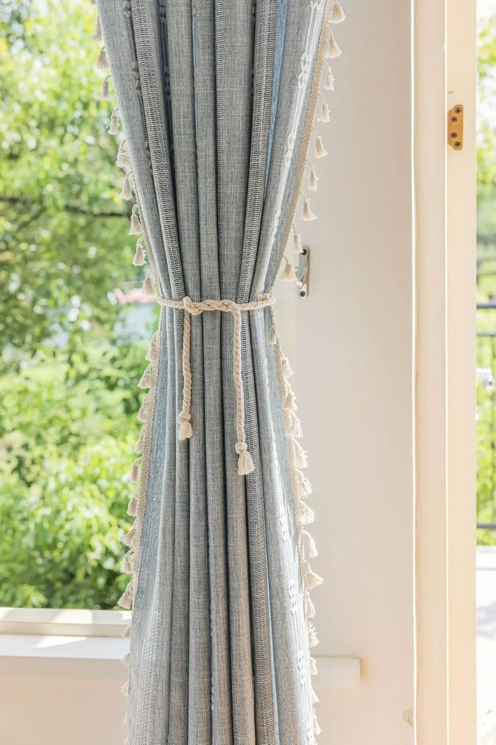 Boho Embroidery Striped Farmhouse Curtains - 84 Inch Long, 2 Panel Set, Blue Linen, Tassel, Semi-Blackout for Bedroom & Living Room (52" W x 84" L)