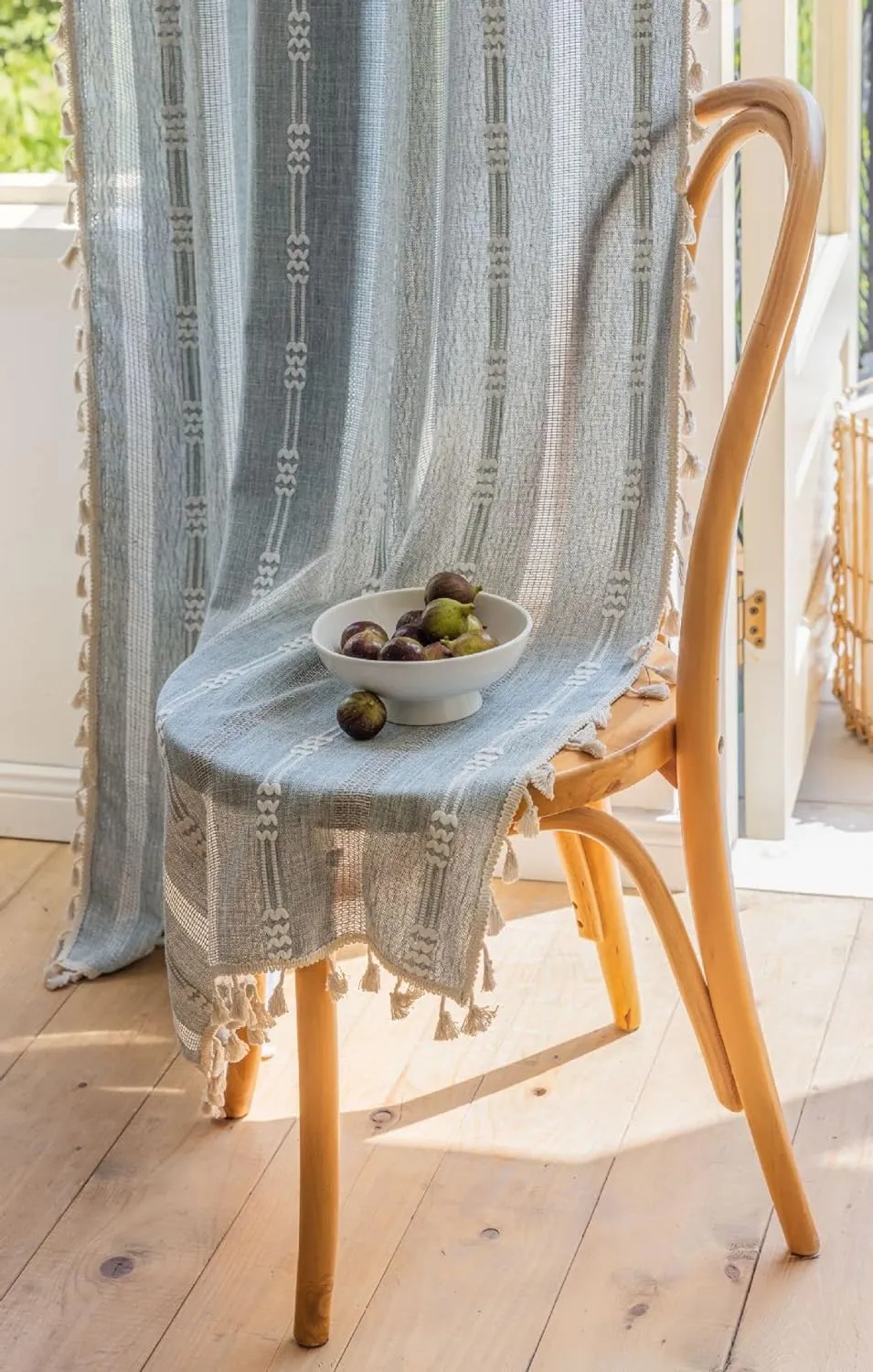 Boho Embroidery Striped Farmhouse Curtains - 84 Inch Long, 2 Panel Set, Blue Linen, Tassel, Semi-Blackout for Bedroom & Living Room (52" W x 84" L)
