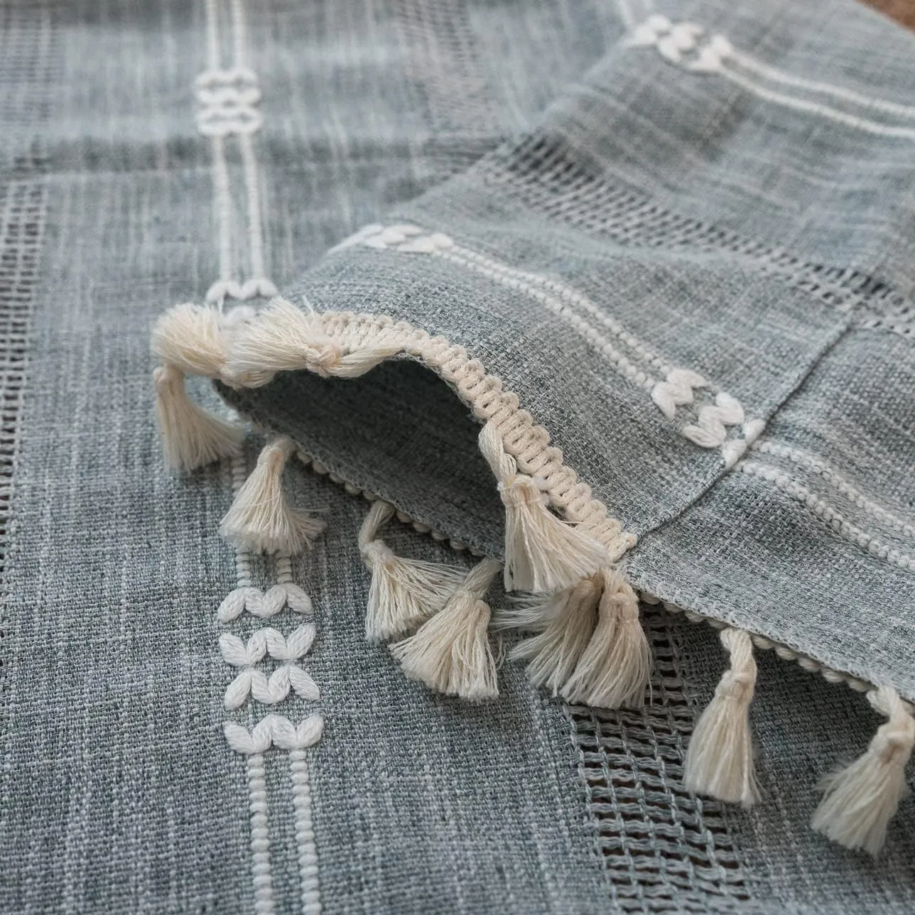 Boho Embroidery Striped Farmhouse Curtains - 84 Inch Long, 2 Panel Set, Blue Linen, Tassel, Semi-Blackout for Bedroom & Living Room (52" W x 84" L)