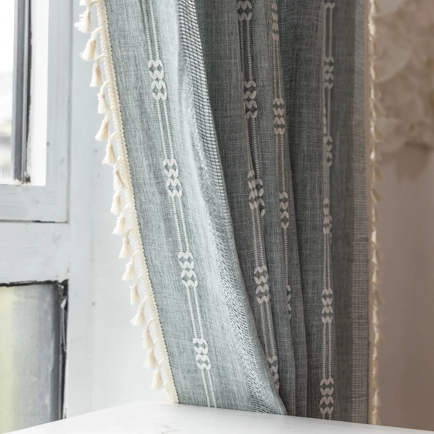 Boho Embroidery Striped Farmhouse Curtains - 84 Inch Long, 2 Panel Set, Blue Linen, Tassel, Semi-Blackout for Bedroom & Living Room (52" W x 84" L)