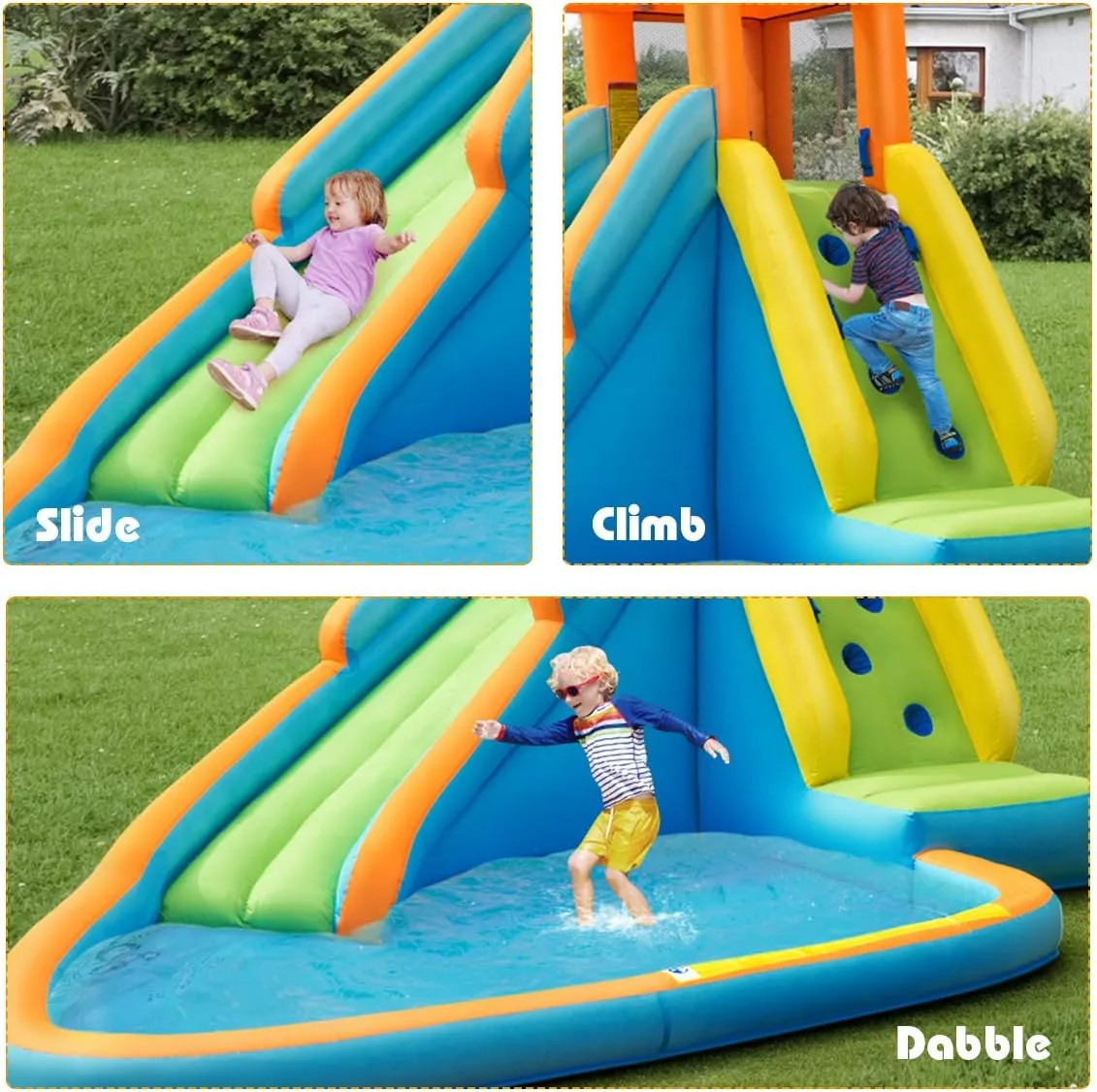 BOUNTECH Inflatable Water Slide for Kids, Water Park Jump Castle Bounce House for Outdoor Fun w/Splash Pool, Climbing Wall, Blower, Blow up Water Slides Inflatables for Kids Backyard Party Gifts