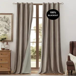 BULBUL 100% Blackout Velvet Curtains for Living Room 2 Panels, Tqupe Beige Ivory 96 inch Long Double Layered Room Darkening Curtains Heavy Thermal Insulated Grommet Window Drapes