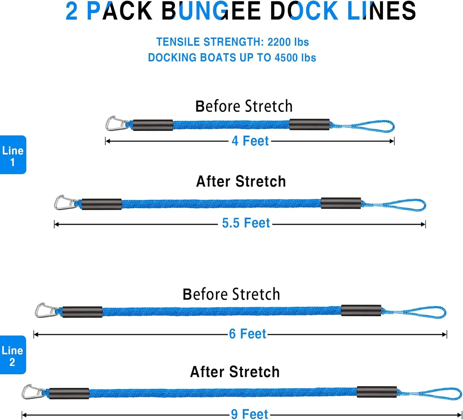 Bungee Dock Line Boat Accessories - Pontoon, Jet Ski, Kayak Accessories with 316 Stainless Steel Clip