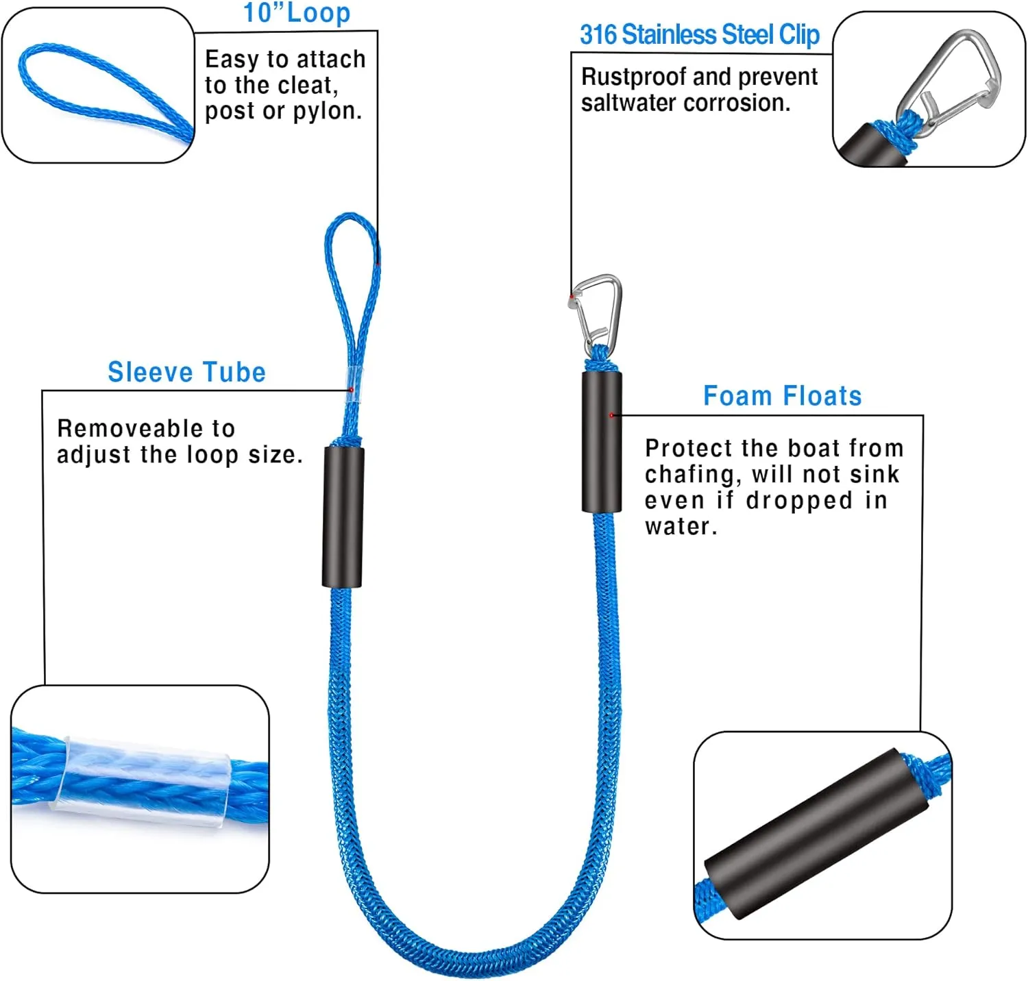 Bungee Dock Line Boat Accessories - Pontoon, Jet Ski, Kayak Accessories with 316 Stainless Steel Clip