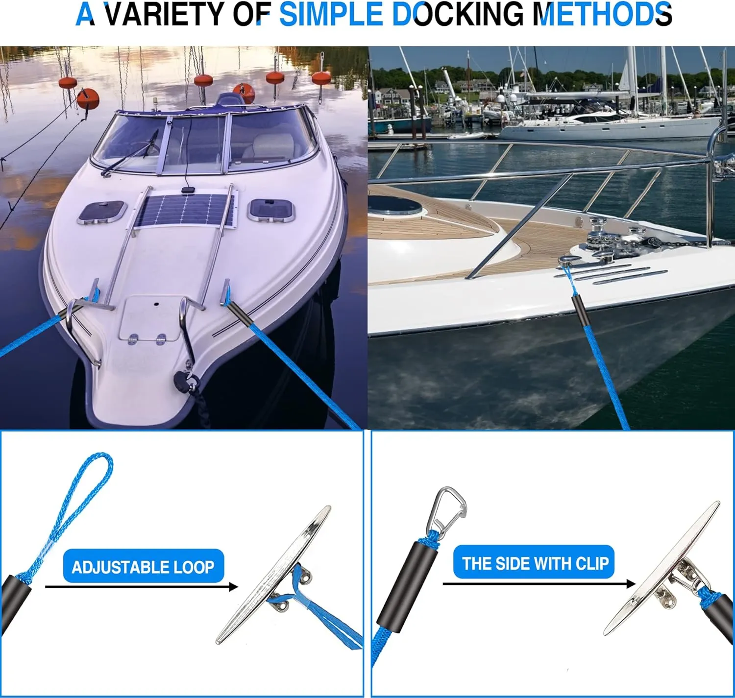 Bungee Dock Line Boat Accessories - Pontoon, Jet Ski, Kayak Accessories with 316 Stainless Steel Clip
