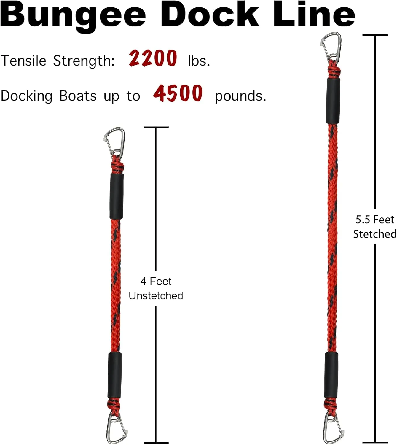 Bungee Dock Line Double Clips Heavy Duty 316 Stainless Steel Clips Boat Ropes Mooring Ropefor for Boats PWC, Built in Snubber, Kayak,Watercraft,SeaDoo,Jet Ski, Pontoon, Canoe, Power Boat 2-Pack…