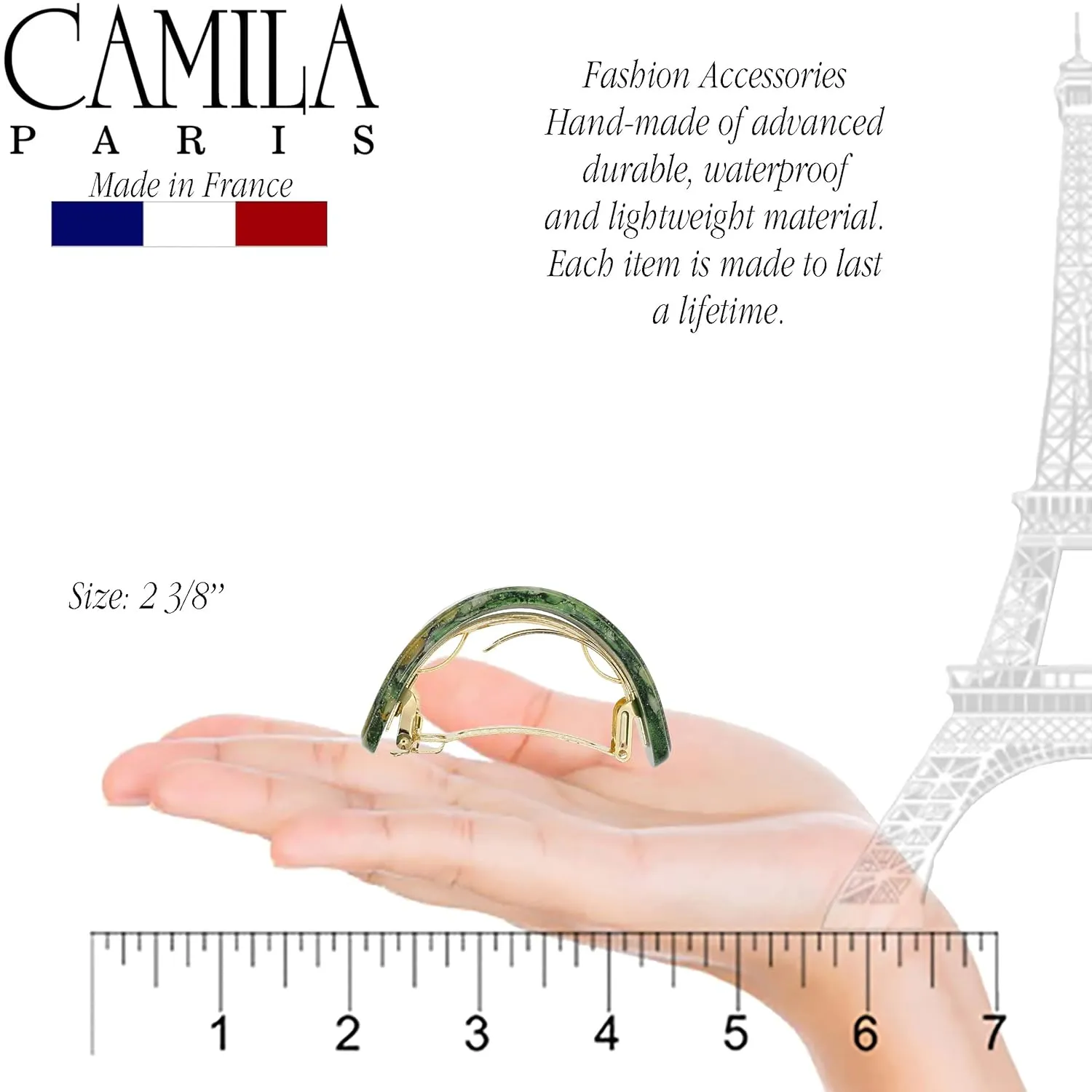 Camila Paris CP3233 French Hair Barrette, Hair Ponytail Holder for Fine Long Hair, Green, Automatic Strong Hold Grip Hair Clips for Women, No Slip Styling Girls Hair Accessories, Made in France