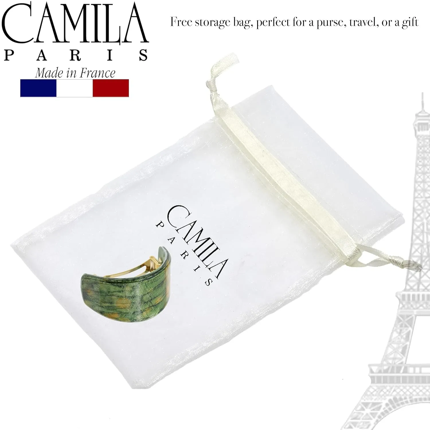 Camila Paris CP3233 French Hair Barrette, Hair Ponytail Holder for Fine Long Hair, Green, Automatic Strong Hold Grip Hair Clips for Women, No Slip Styling Girls Hair Accessories, Made in France