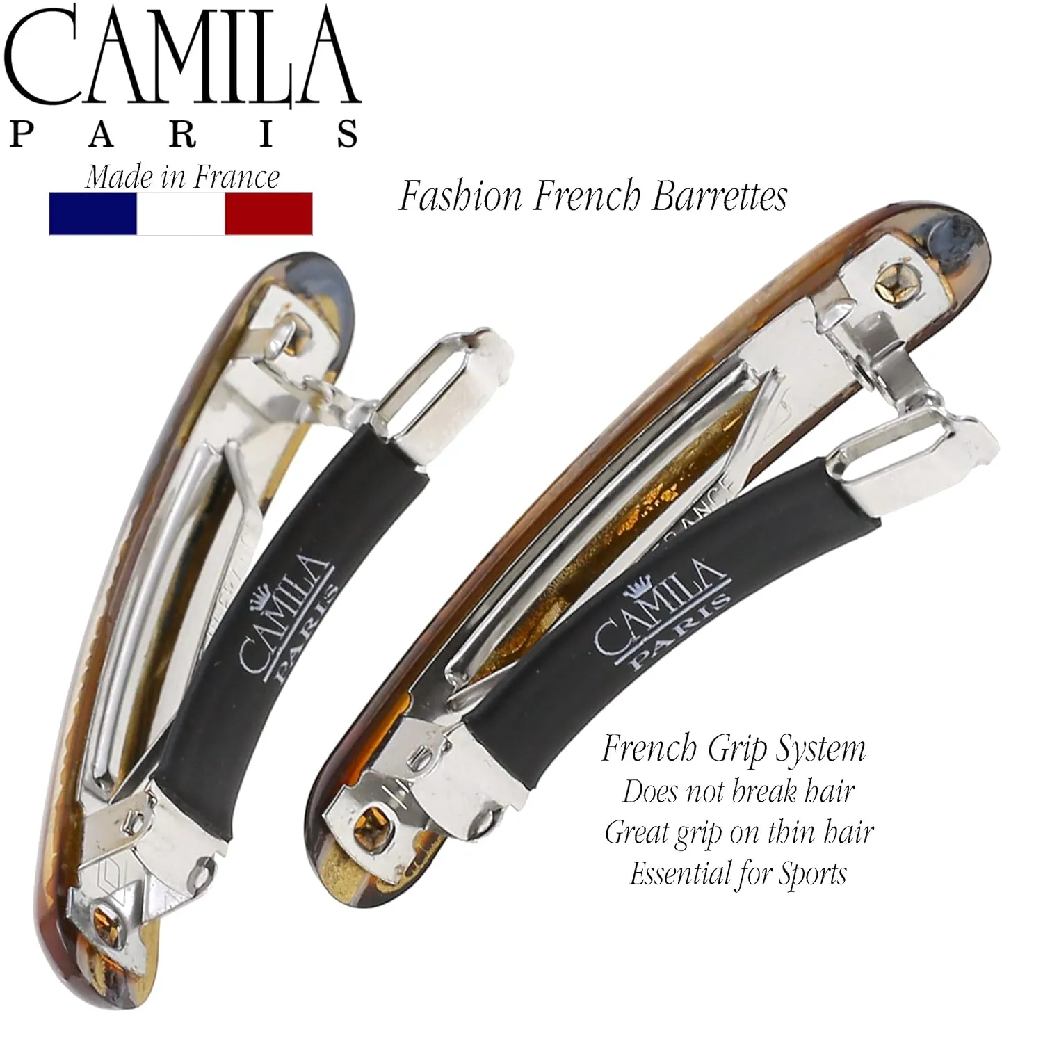 Camila Paris CP3327 French Hair Barrette Clip for Girls, Gold Small Set of 2 Strong Hold Grip Hair Clips for Women, No Slip Rubberized Automatic Clasp Styling Girls Hair Accessories, Made in France