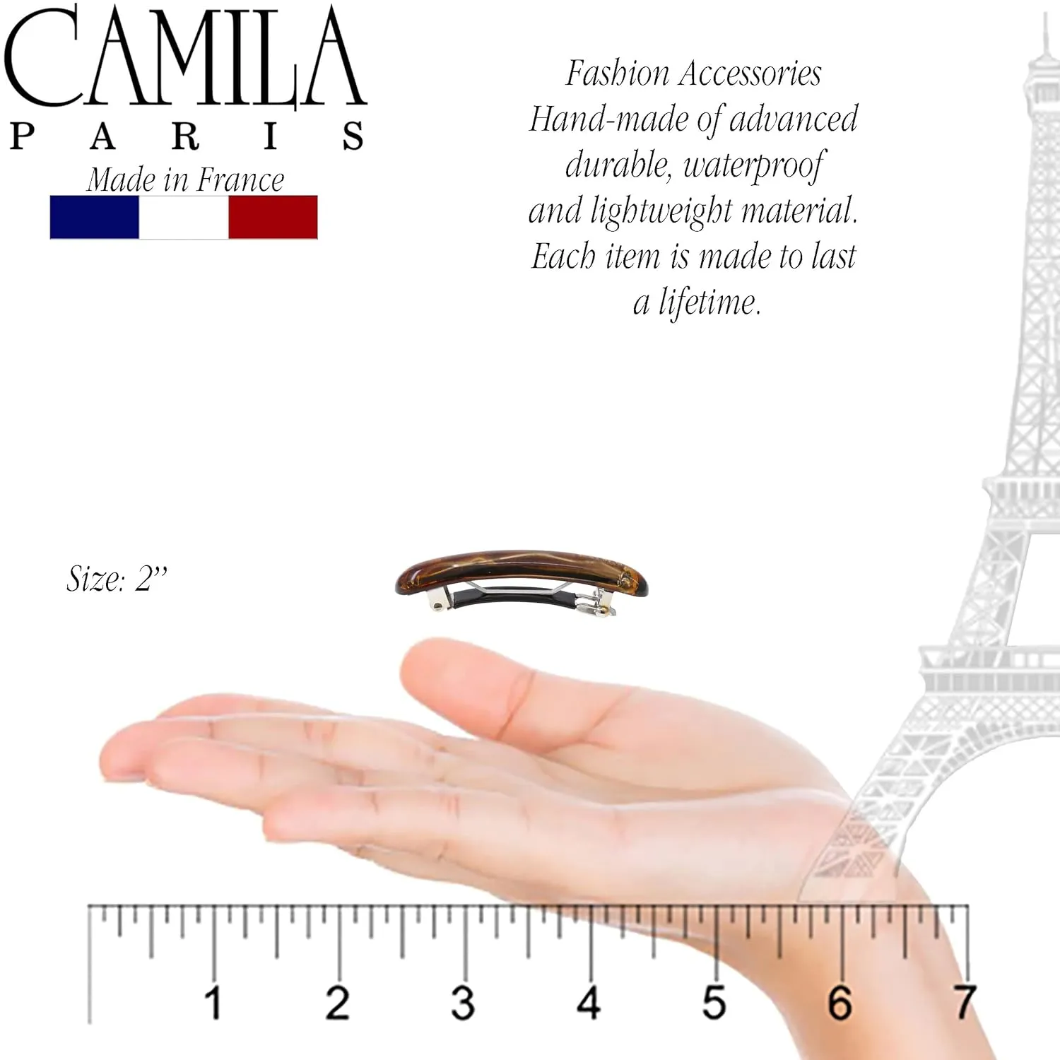Camila Paris CP3327 French Hair Barrette Clip for Girls, Gold Small Set of 2 Strong Hold Grip Hair Clips for Women, No Slip Rubberized Automatic Clasp Styling Girls Hair Accessories, Made in France