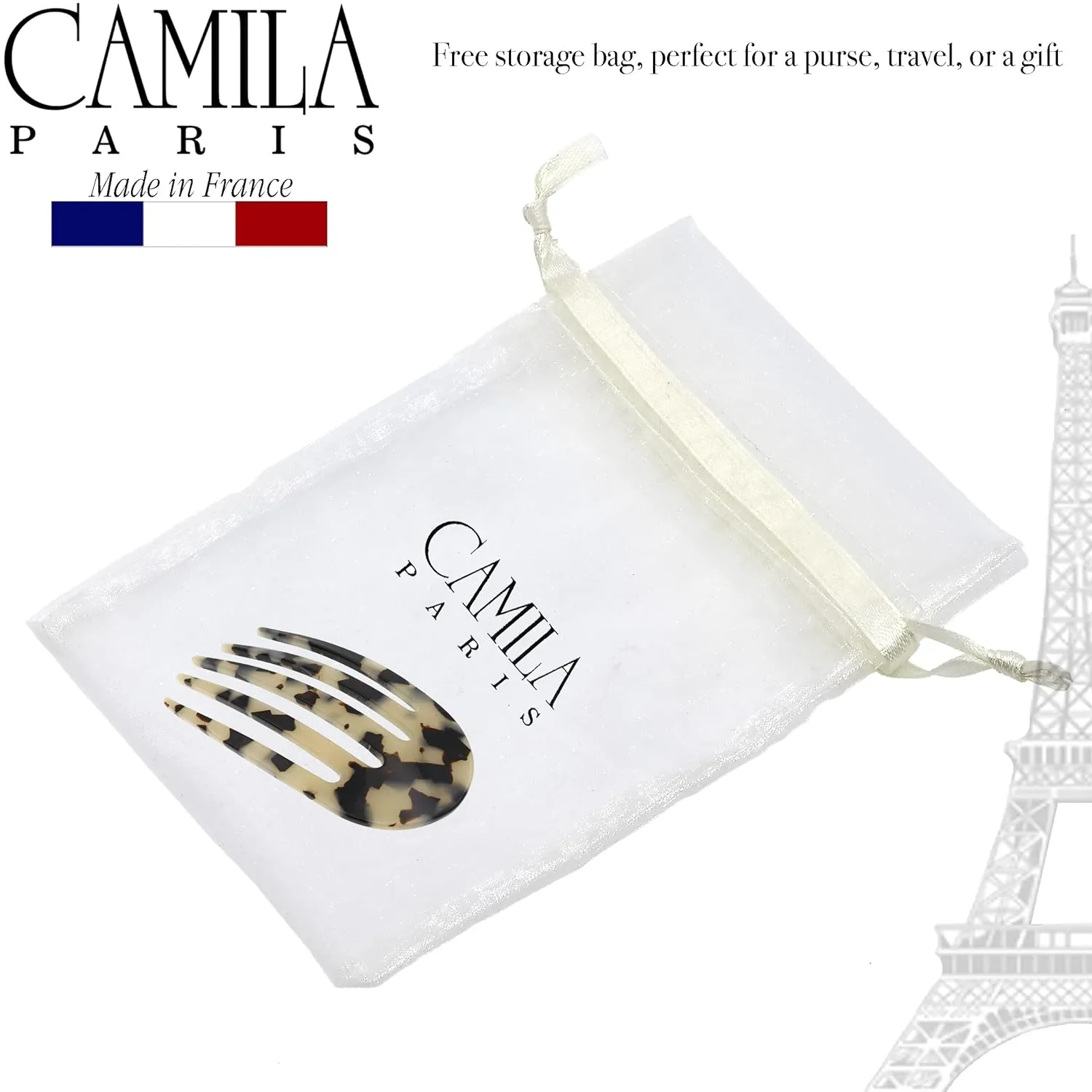 Camila Paris CP3397 French Hair Side Comb Rounded, White Tokyo, Handmade French Twist Hair Combs, Strong Hold Hair Clips for Women Bun Chignon, No Slip Styling Girls Hair Accessories Made in France