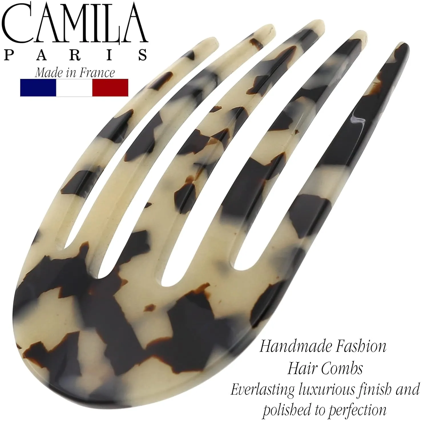 Camila Paris CP3397 French Hair Side Comb Rounded, White Tokyo, Handmade French Twist Hair Combs, Strong Hold Hair Clips for Women Bun Chignon, No Slip Styling Girls Hair Accessories Made in France