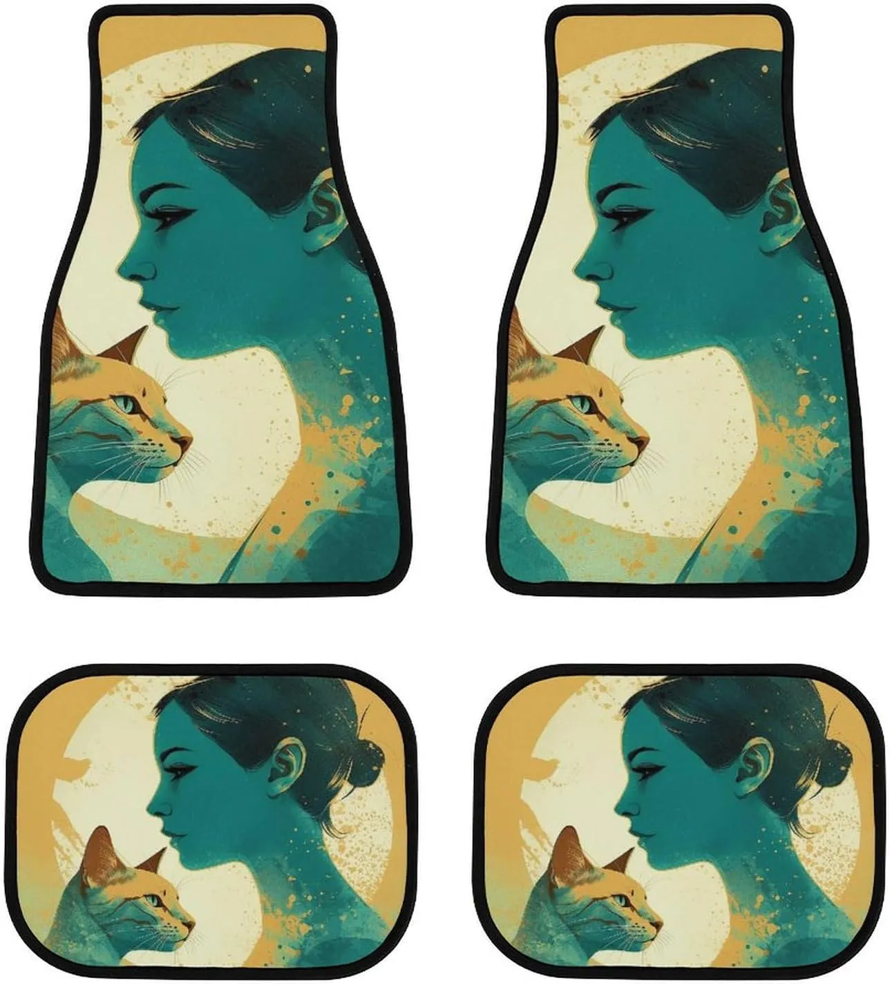 Car Floor Mats 4 Piece Universal Car Floor Mats Silhouette of A Cat Car Mat Set Rubber Floor Mats for Cars Non-Slip Car Foot Pad Car Carpet Decor Heel Pad for Most Vehicles