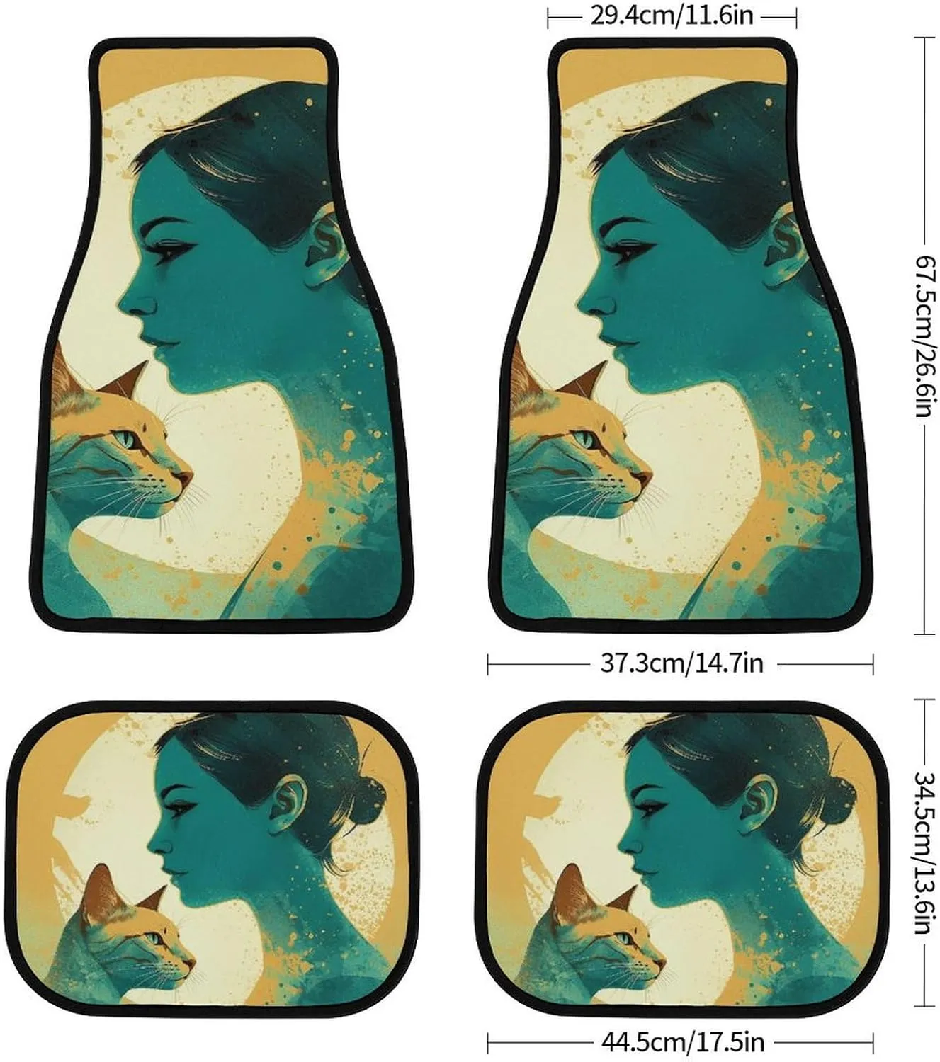 Car Floor Mats 4 Piece Universal Car Floor Mats Silhouette of A Cat Car Mat Set Rubber Floor Mats for Cars Non-Slip Car Foot Pad Car Carpet Decor Heel Pad for Most Vehicles