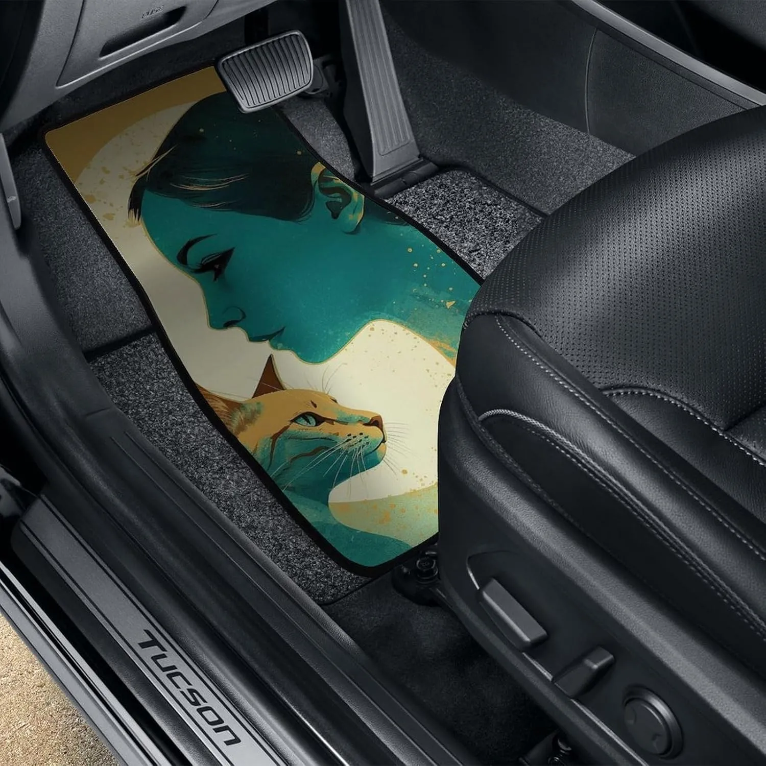 Car Floor Mats 4 Piece Universal Car Floor Mats Silhouette of A Cat Car Mat Set Rubber Floor Mats for Cars Non-Slip Car Foot Pad Car Carpet Decor Heel Pad for Most Vehicles