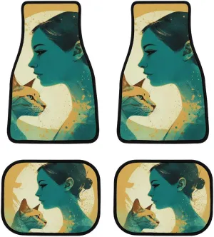 Car Floor Mats 4 Piece Universal Car Floor Mats Silhouette of A Cat Car Mat Set Rubber Floor Mats for Cars Non-Slip Car Foot Pad Car Carpet Decor Heel Pad for Most Vehicles