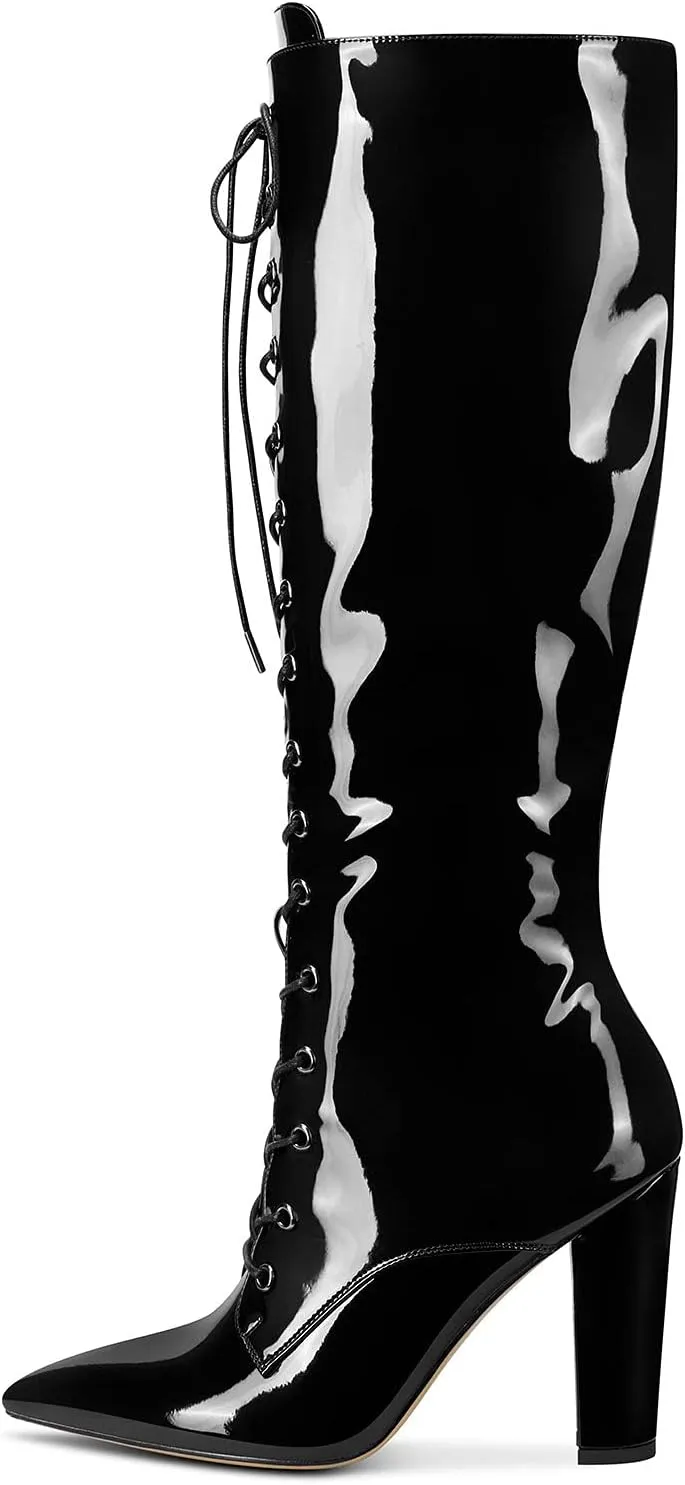 Castamere Womens Mid Calf Chunky Block Heel Boots Pointed Toe Lace Up Boot with Zipper 10CM Heels