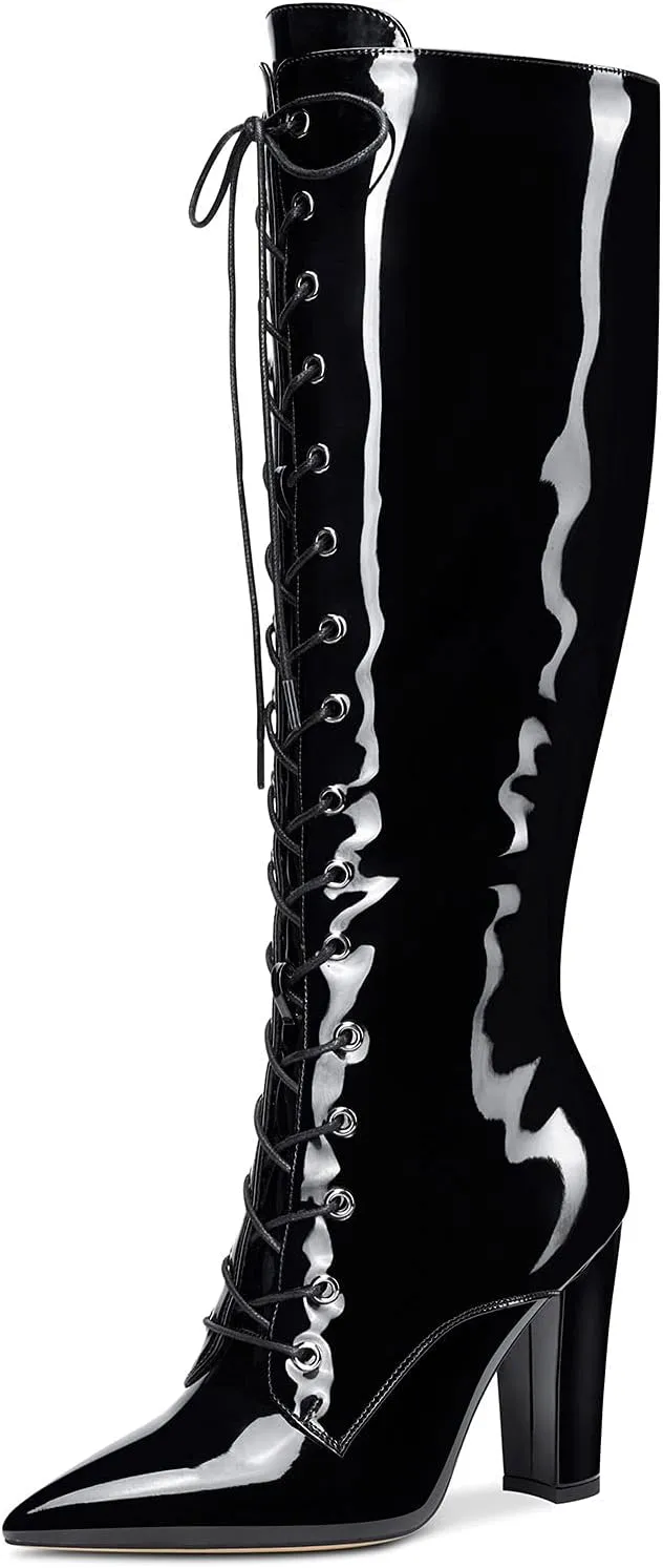 Castamere Womens Mid Calf Chunky Block Heel Boots Pointed Toe Lace Up Boot with Zipper 10CM Heels