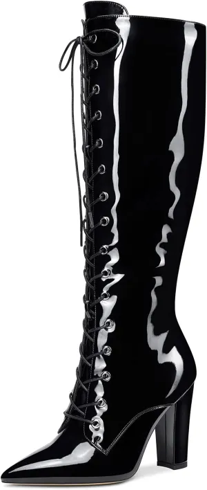 Castamere Womens Mid Calf Chunky Block Heel Boots Pointed Toe Lace Up Boot with Zipper 10CM Heels