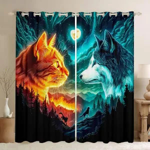Cat Wolf Window Curtains Wildlife Animal Silhouette Window Treatments Starry Galaxy Nebula Curtains for Bedroom Decor Natural Jungle Darkening Drapes,Top 2 Panel,42Wx84L inch
