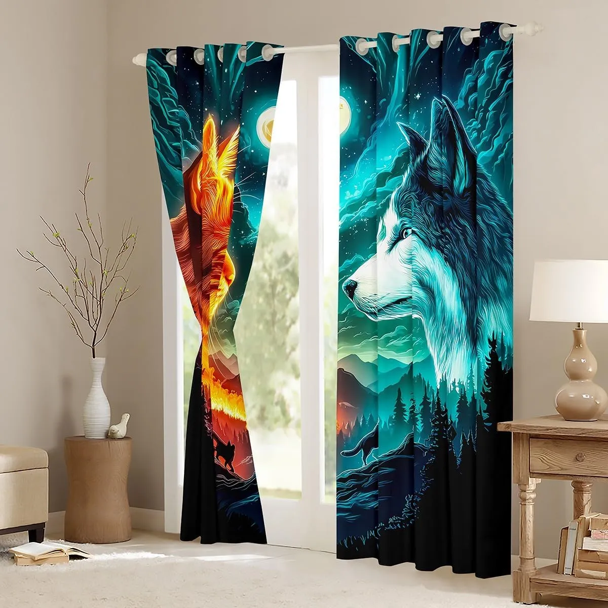 Cat Wolf Window Curtains Wildlife Animal Silhouette Window Treatments Starry Galaxy Nebula Curtains for Bedroom Decor Natural Jungle Darkening Drapes,Top 2 Panel,42Wx84L inch