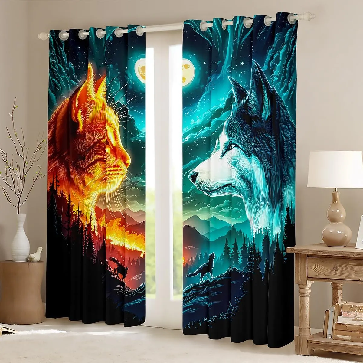 Cat Wolf Window Curtains Wildlife Animal Silhouette Window Treatments Starry Galaxy Nebula Curtains for Bedroom Decor Natural Jungle Darkening Drapes,Top 2 Panel,42Wx84L inch