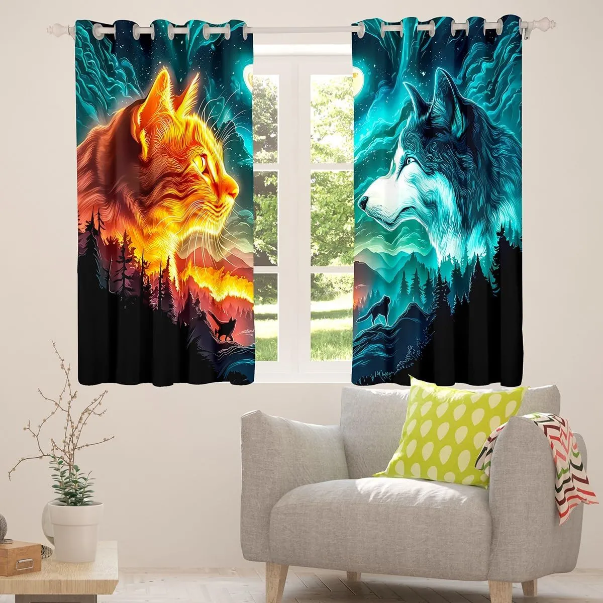 Cat Wolf Window Curtains Wildlife Animal Silhouette Window Treatments Starry Galaxy Nebula Curtains for Bedroom Decor Natural Jungle Darkening Drapes,Top 2 Panel,42Wx84L inch
