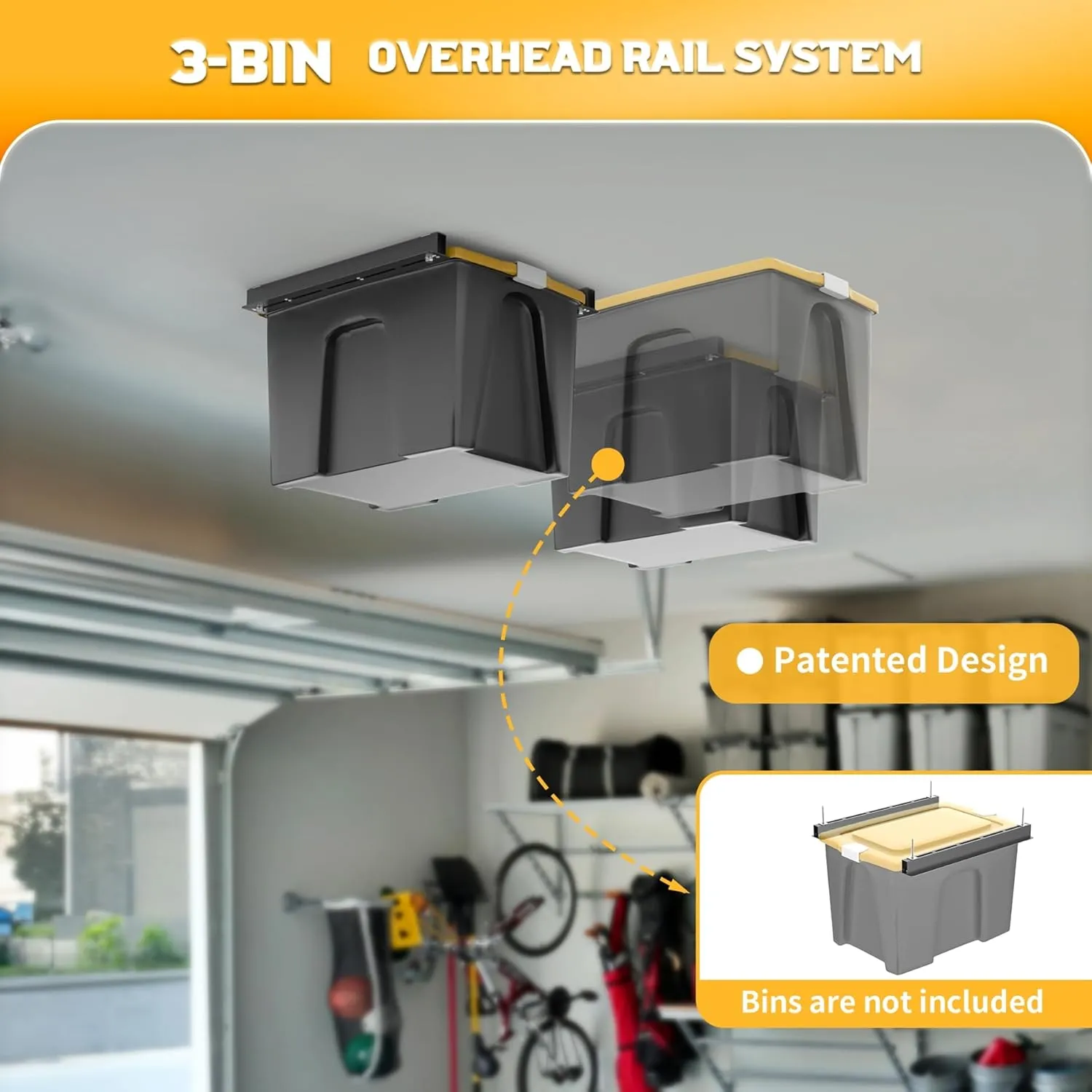 Ceiling Tote Storage Rails, Heavy Duty Garage Ceiling Bin Storage Rack Adjustable Overhead Tote Slide Rail System (4 Pack for 3 Bins)