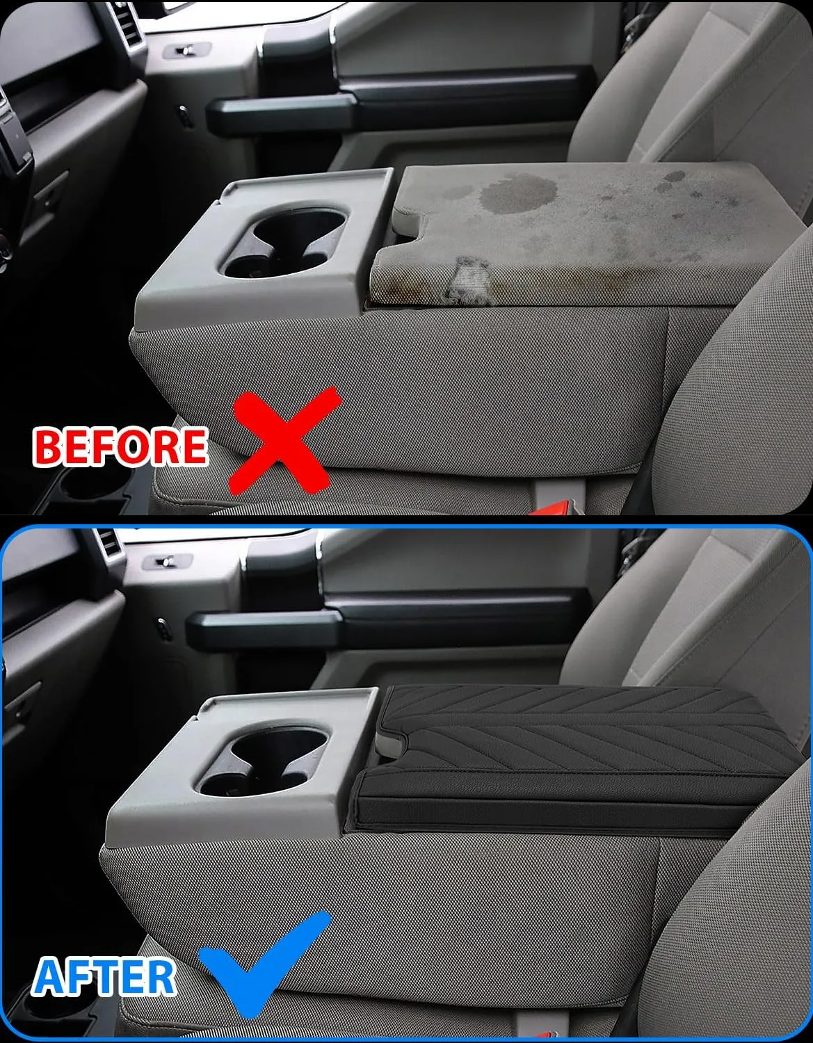 Center Console Armrest Cover for 2015-2024 Ford F150 Accessories, 2017-2024 F250 F350 F450, PU Leather Middle Console Cushion Cover with Storage Bag(Jump Seat Only)