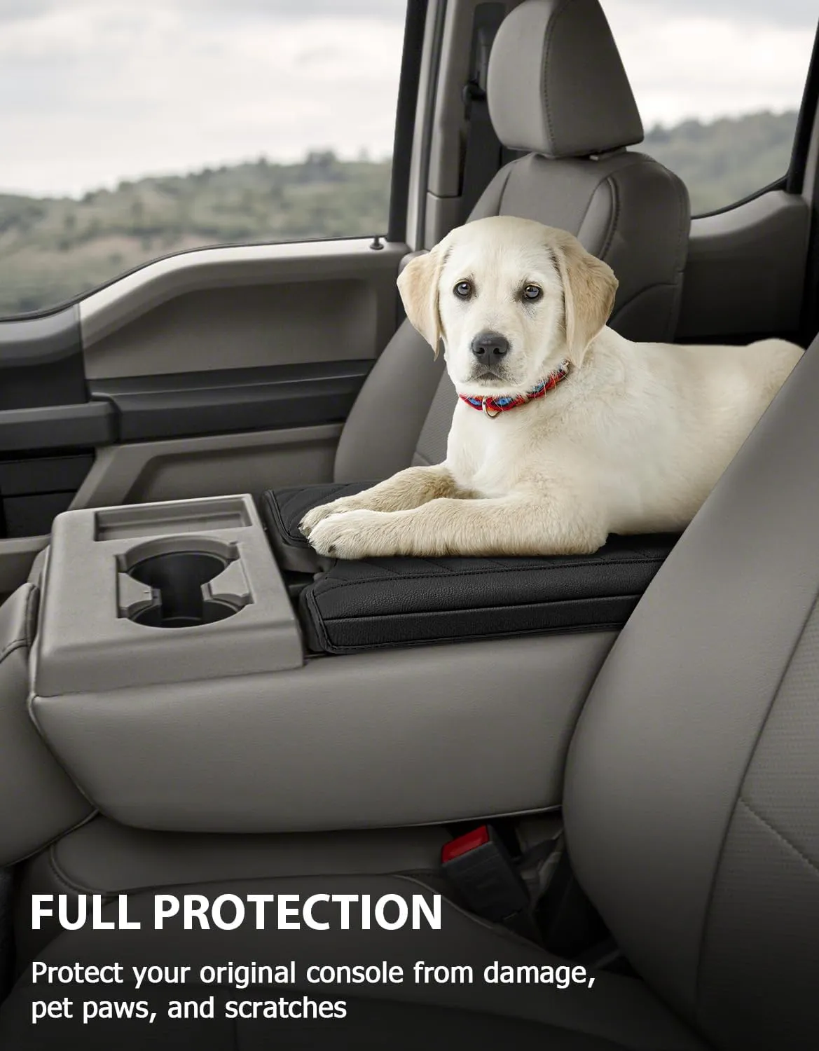 Center Console Armrest Cover for 2015-2024 Ford F150 Accessories, 2017-2024 F250 F350 F450, PU Leather Middle Console Cushion Cover with Storage Bag(Jump Seat Only)