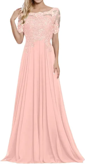 Chiffon Mother of The Bride Dresses Women's Lace Applique Beaded Formal Dresses Short Sleeve Evening Gowns