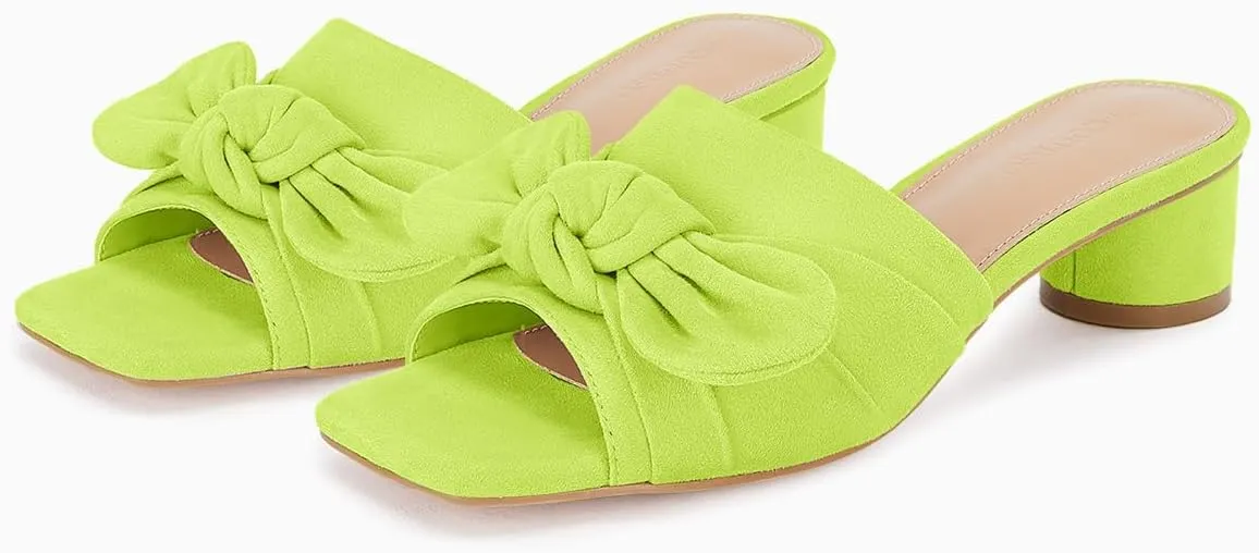Coutgo Womens Bow Slides Sandals Wide Width Slip On Chunky Low Heels Square Open toe Elagant Summer Shoes