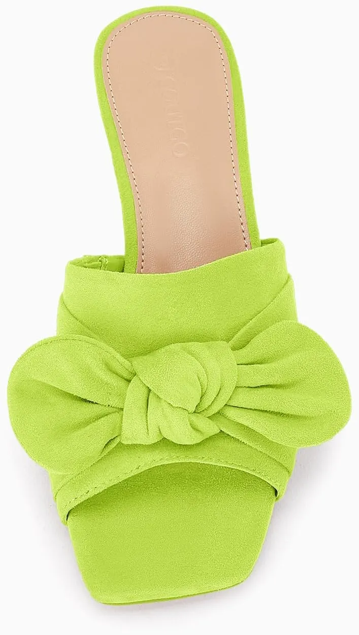 Coutgo Womens Bow Slides Sandals Wide Width Slip On Chunky Low Heels Square Open toe Elagant Summer Shoes