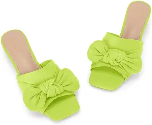 Coutgo Womens Bow Slides Sandals Wide Width Slip On Chunky Low Heels Square Open toe Elagant Summer Shoes